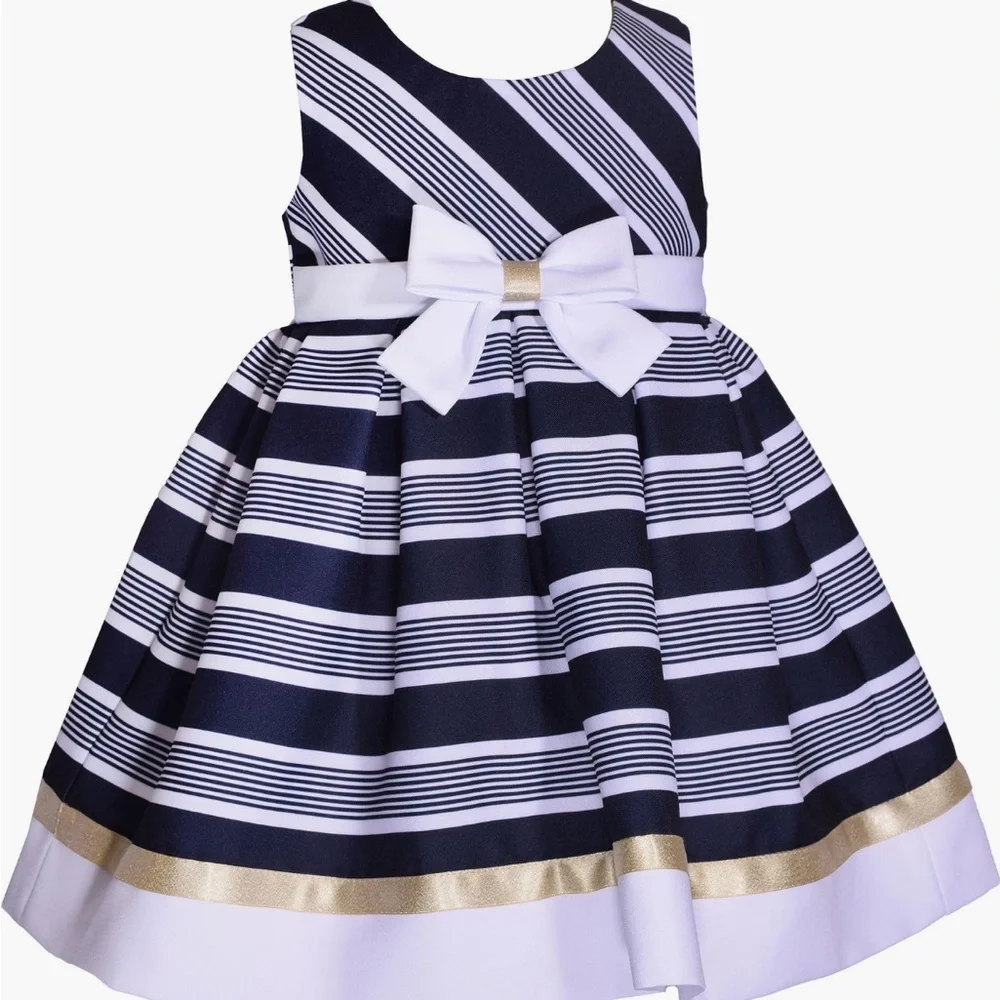 Iris and Ivy White Bonnie Jean Stripe Box Pleat Bow Dress Dress Size 24 Months